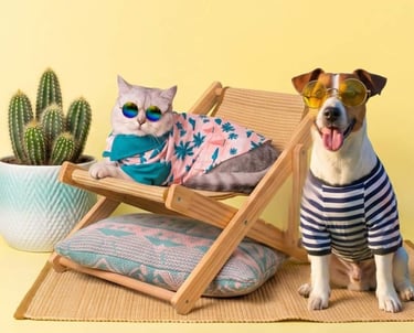 gato y perro con gafas y ropa de verano descansan junto a un cactus en una silla de playa
