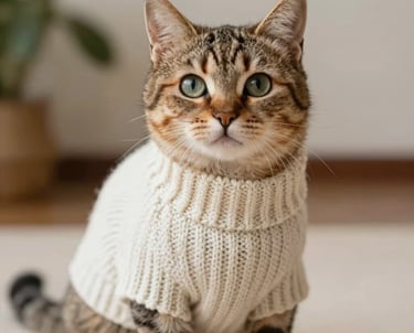  76 Un lindo gato atigrado con un suéter de punto trenzado color crema, sentado en el interior.