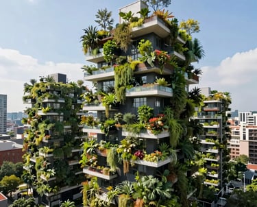 A stunning landscape of an urban vertical forest or a sustainable community garden in an International setting, featuring vibrant greenery and innovative sustainable architecture under bright, natural daylight.