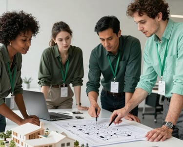 A diverse team of professionals in a North American collaborative workspace, discussing a community blueprint with architectural models and modern technology, featuring deep green and mint accents, authoritative and hopeful style.