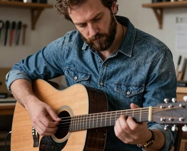 A professional portrait of a man with a beard, wearing a denim shirt, adjusting the strings of an acoustic guitar in a workshop with deep obsidian tools.