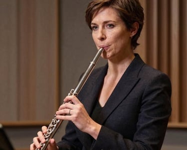 A professional portrait of a woman with short hair, wearing a dark blazer, holding a silver flute in a music studio with walnut brown accents.