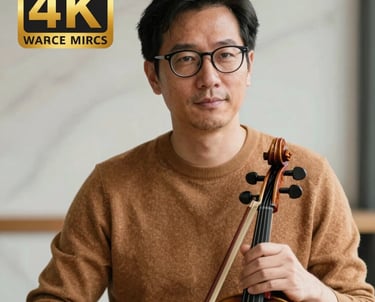 A professional portrait of a man in his 40s with glasses, wearing a soft caramel sweater, holding a violin bow in a bright room with alabaster walls.