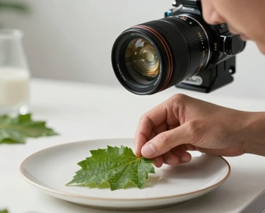 A specialist food photographer in a bright studio adjusting a small forest green leaf on a plate with surgical precision for a macro shot.