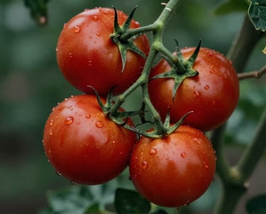 A close-up photograph of vibrant red heirloom tomatoes on a vine, with a soft matte forest green background, captured in a high-contrast style.