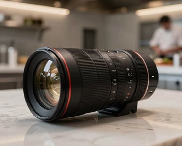 Close-up of a high-end camera lens capturing a chef plating a dish, with soft focus on a modern restaurant kitchen in the background.