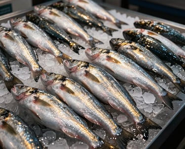 A moody, high-contrast shot of a local seafood market in Europe, with a focus on fresh silver fish on ice and a warm gold light reflecting off the surface.
