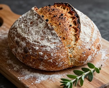 Close-up photography of a rustic sourdough loaf on a wooden cutting board, with light dusting of flour and a sprig of matte forest green herbs beside it.
