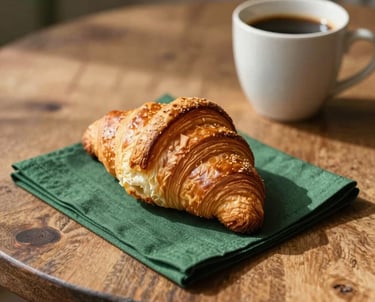 A rustic tabletop in a cozy North American bakery, featuring a half-eaten croissant, a cup of coffee, and a matte forest green napkin under warm morning sun.