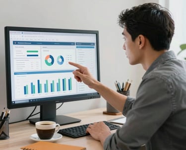 A professional digital marketing strategist in a minimalist office setting, reviewing social media analytics on a large screen, with a cup of coffee and a warm charcoal notebook on the desk.