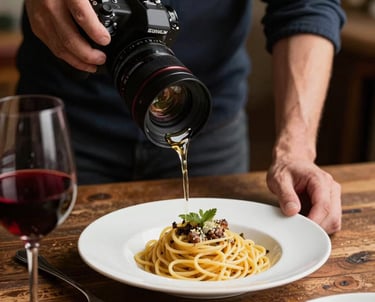 A food photographer adjust the lighting on a rustic table set with wine and pasta, emphasizing the warmth and sophisticated atmosphere.