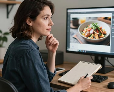 Portrait of a content strategist in a stylish North American workspace, holding a notepad and looking thoughtfully at a screen showing food photography.