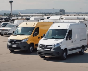 A fleet of trucks lined up ready for regional freight delivery under a clear sky.