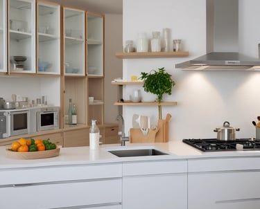 A cozy family kitchen filled with natural light, plants, and clean, non-toxic products on the shelves.