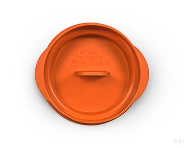 ERGOVENT AERO PRO end cap D75 orange plastic duct closure cap, top view showing ERGOVENT branding and tab grip
