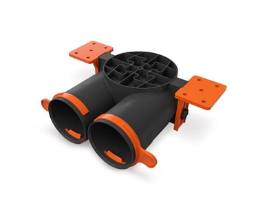 ERGOVENT AERO PRO SLIMBOX plenum distribution box with dual round duct outlets and orange mounting brackets, angled view