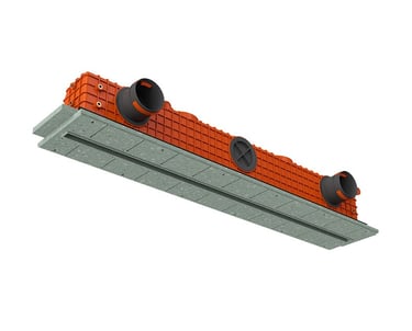ERGOVENT LINEO PRO PROFILE 75-90 angled view showing orange plenum body with round duct inlets and gray gypsum frame