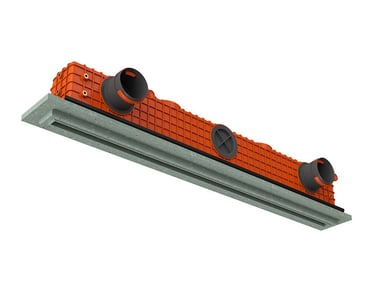 ERGOVENT LINEO PRO single-slot 75-90mm angled view showing orange plenum body with round duct inlets and gray gypsum frame
