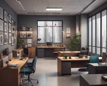 Modern office reception area with a white front desk, wooden countertop, and company signage.