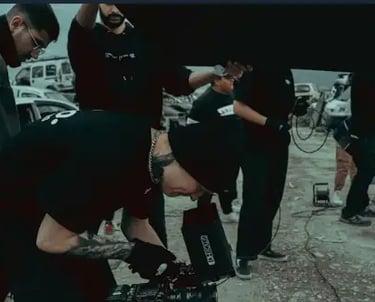 A creative team filming a vibrant social media video on set.