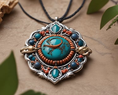 Colgante artesanal de plata con cuentas de turquesa y coral, inspirado en un diseño tribal.
