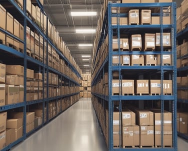 A delivery truck loaded with packages ready to depart from a busy warehouse.