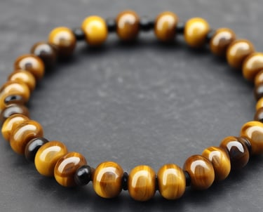 A vibrant jasper bracelet displayed on a flowery beige fabric with shell-like containers nearby.