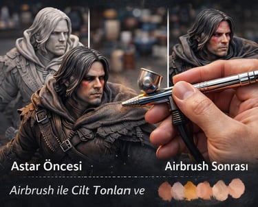Airbrush tekniği ile figürün cilt tonları ve gölgelendirme detayları belirgin hale gelir.