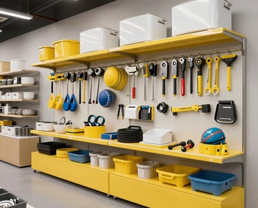 A vibrant collage showing tools, sports gear, and kitchen utensils arranged neatly.