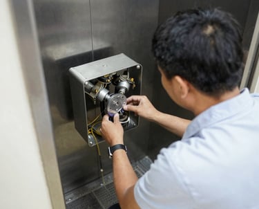 A technician performing routine maintenance on an elevator control panel.