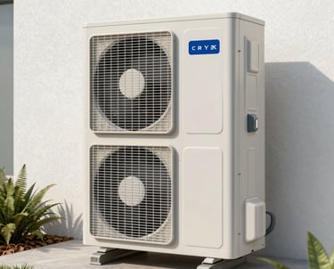 Close-up photography of a sleek, modern exterior heat pump unit installed against a clean white textured wall, surrounded by minimalist landscaping, daylight.