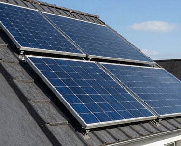 Photography of modern solar thermal panels installed on a slanted dark gray roof of a French house, reflecting a bright blue sky, clean and eco-friendly aesthetic.
