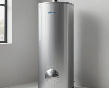 Professional photography of a silver thermodynamic water heater standing in a modern, well-lit utility room with white tile floors, highlighting clean installation.