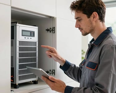 A professional technician in clean workwear holding a tablet, inspecting a high-tech energy system inside a modern home, Central European context, professional and trustworthy.