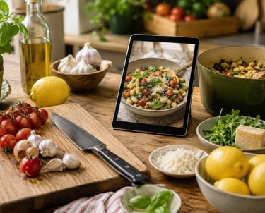 Digital tablet showing a healthy recipe on a kitchen counter with fresh vegetables and cooking ingredients.