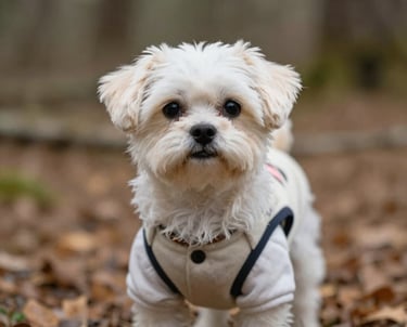 perro pequeño en el bosque con chaleco cafe