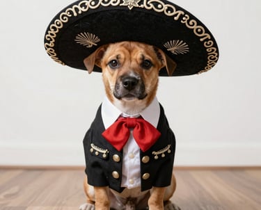 perro  color café disfrazado de mariachi mexicano