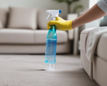 A friendly cleaner in navy blue uniform carefully dusting a bright, airy living room with electric blue accents.