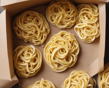 Stacks of golden fresh pasta sheets drying gently in a clean production room.