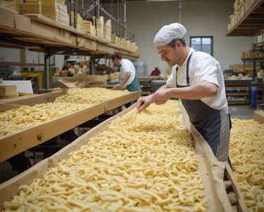 Close-up of hands expertly shaping fresh pasta dough on a wooden board.