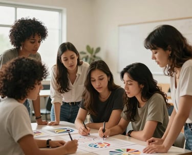 A group of women collaborating in a bright, modern community center in North America. They are looking at a shared project on a table with expressions of empowerment. Warm, natural lighting.