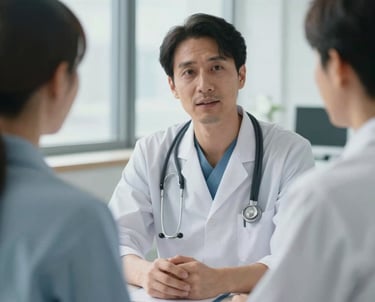A healthcare professional in a clean, modern North American medical clinic, speaking compassionately to a patient. Soft daylight filters through windows. The atmosphere is calm and reassuring.