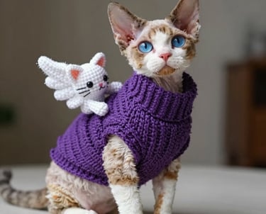Un gato Devon Rex de ojos azules con un suéter de punto morado y un pequeño accesorio de alas 