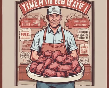 Friendly butcher handing a wrapped meat package to a smiling customer inside a cozy shop.