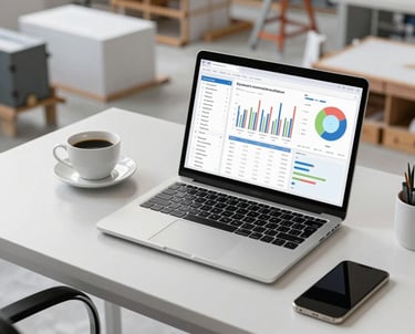 A sleek workspace with a laptop displaying email analytics and a cup of coffee beside it.