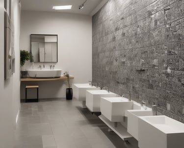 A modern showroom displaying a variety of elegant tiles.