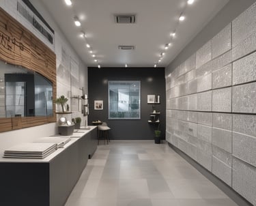 A modern showroom displaying a variety of elegant tiles.