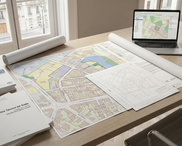 Plano urbanístico y documentación técnica para análisis de desarrollo de suelo en Andalucía.