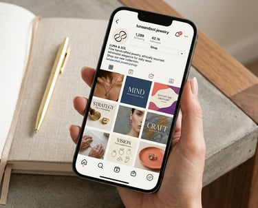 Social Media Content Design a smartphone a minimalist jewelry brand's Instagram profile grid.