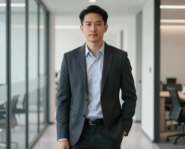 A professional portrait of a Southeast Asian man in a business casual outfit, standing in a brightly lit, minimalist office hallway with clean glass partitions.